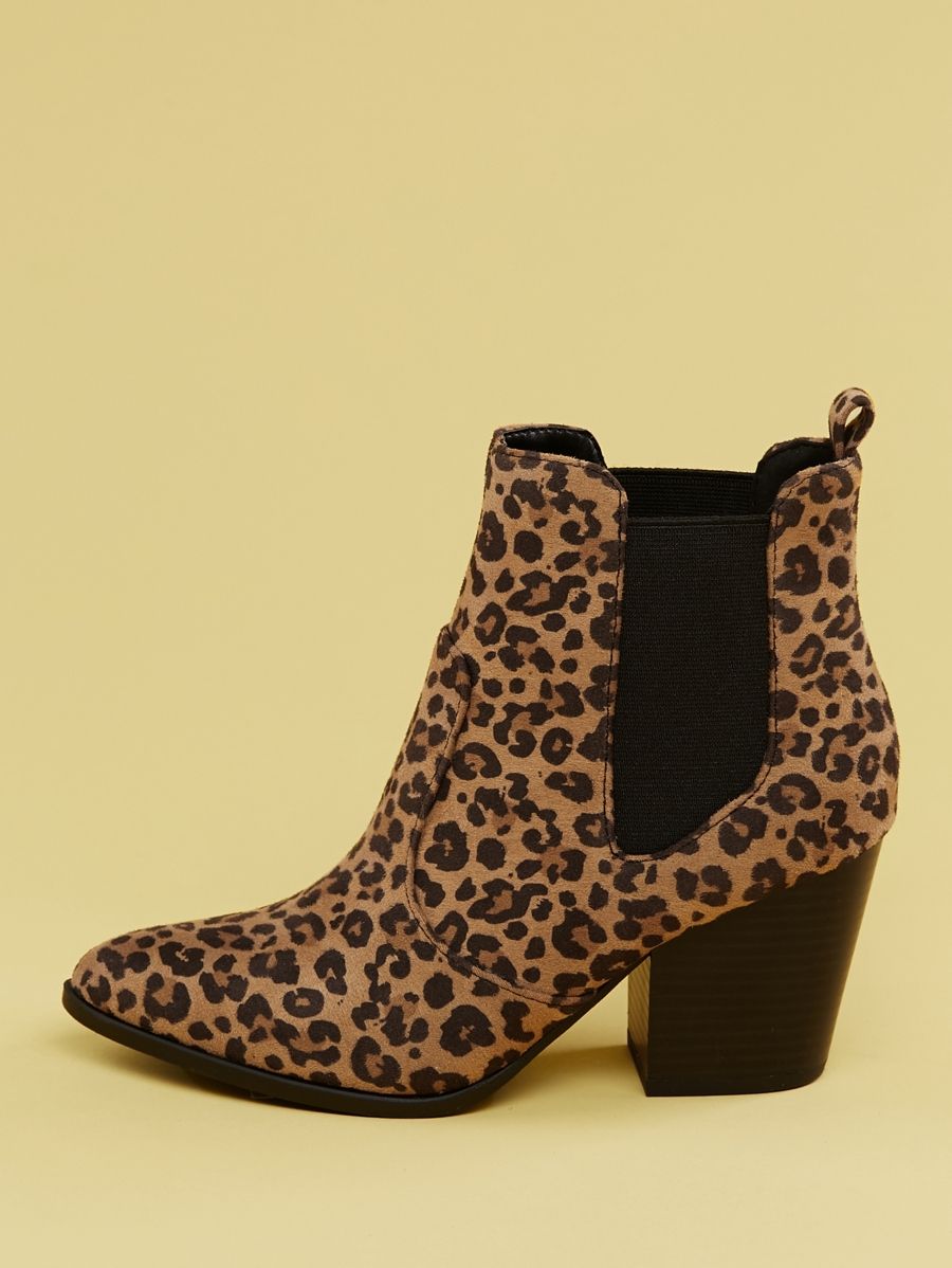 Pointy Toe Cheetah Print Block Heel Ankle Boots | SHEIN