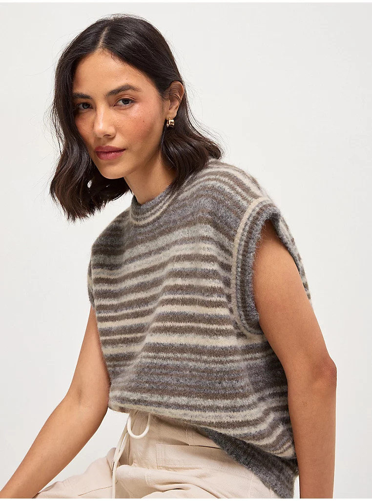 Grey Stripe Sleeveless Crew Neck Jumper with Wool | George