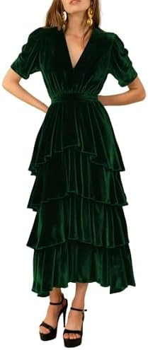 Short Sleeve Velvet Bridesmaid Dresses for Women Tiered V Neck Formal Cocktail Evening Party Dres... | Amazon (US)