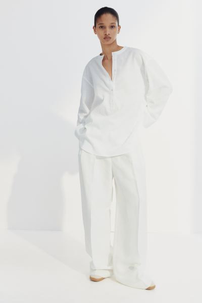 Linen-blend Pullover Shirt - Long sleeve - Long - White - Ladies | H&M US | H&M (US + CA)