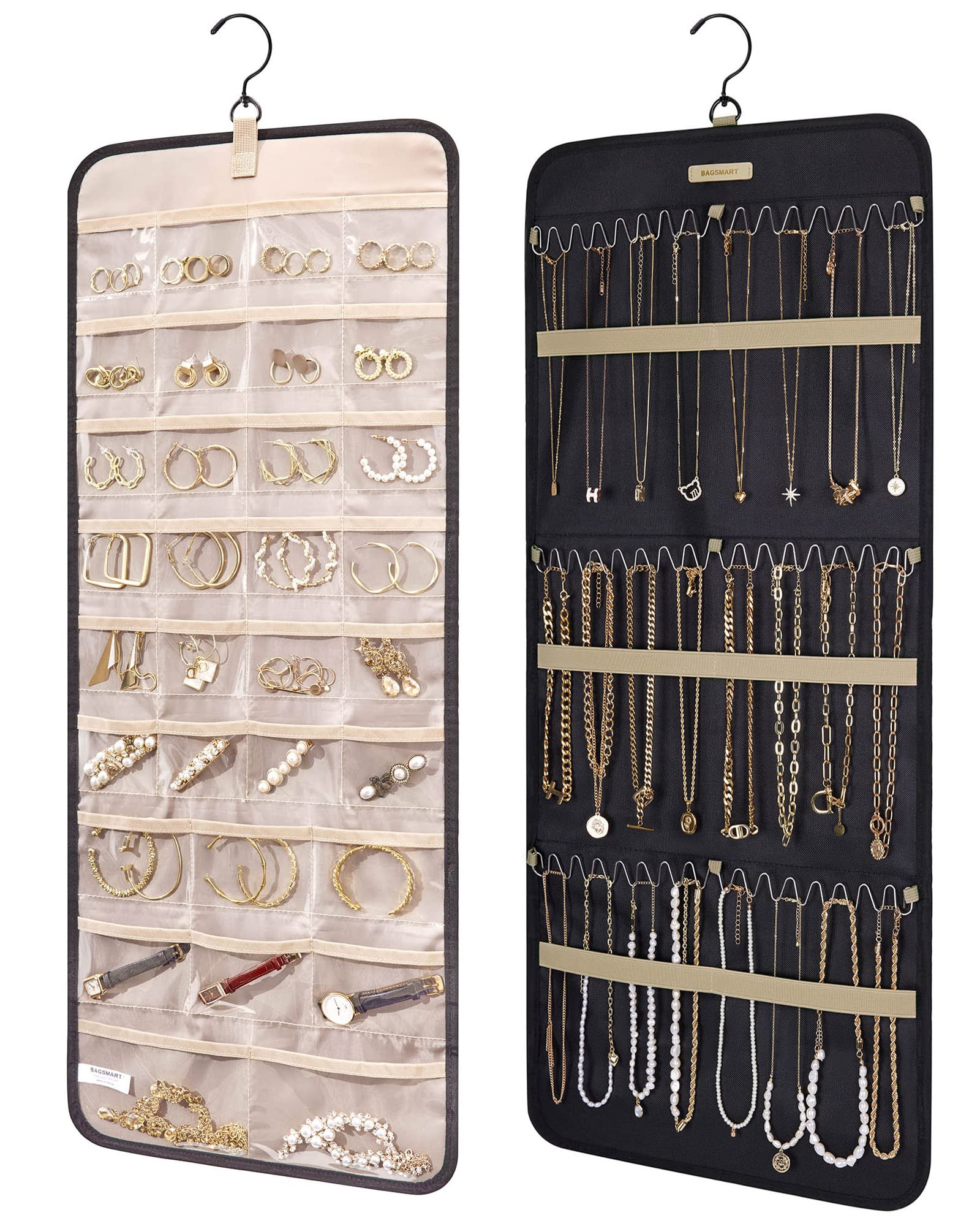 BAGSMART Hanging Jewelry Organizer Storage Roll with Hanger Metal Hooks Double-Sided Jewelry Hold... | Amazon (US)
