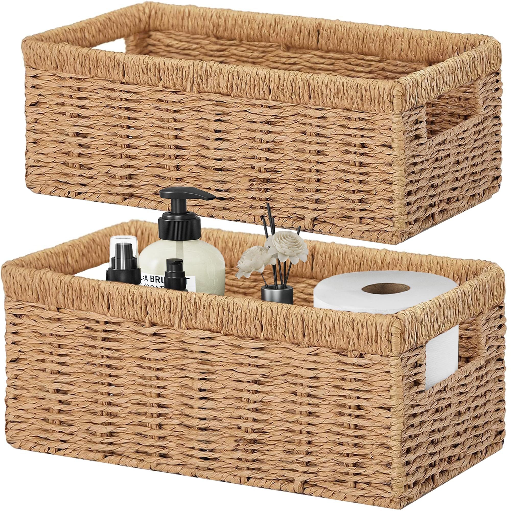 Vagusicc Wicker Storage Basket, Set of 2 Hand-Woven Paper Rope Wicker Baskets for Organizing Decor Storage Bins for Counter Shelves Pantry Basket Small Toilet Paper Basket for Toilet Tank Top, Natural | Amazon (US)