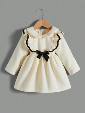 Baby Girl Ruffle Trim Bow Front Peter Pan Collar Fleece Dress | SHEIN