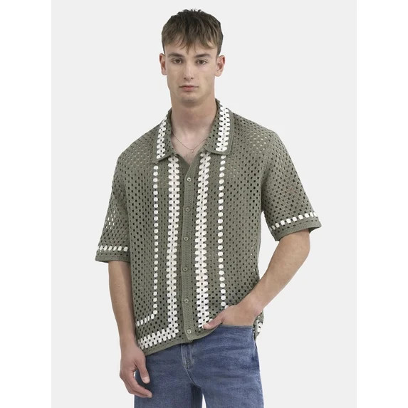 No Boundaries Faux Crochet Button-Up Polo Shirt, Men's and Big Men's | Walmart (US)