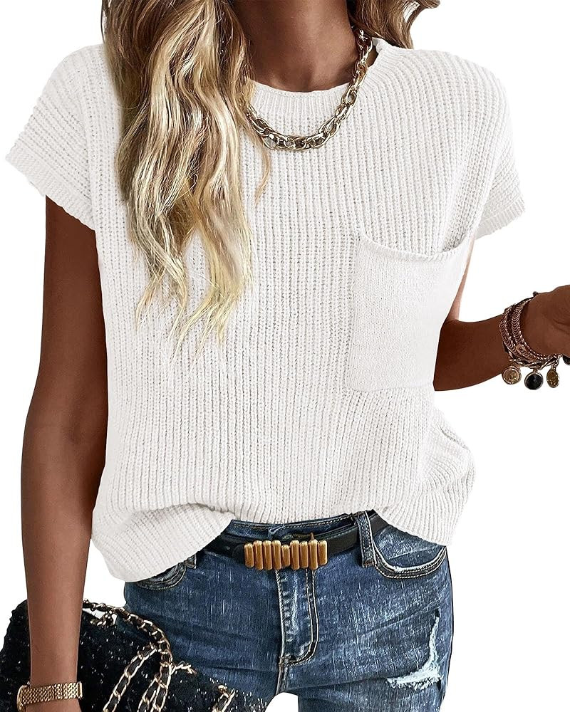 KIRUNDO Summer Short Sleeve Sweater for Women 2025 Casual Sweater Vest Cotton Knit Pullover Tank ... | Amazon (US)