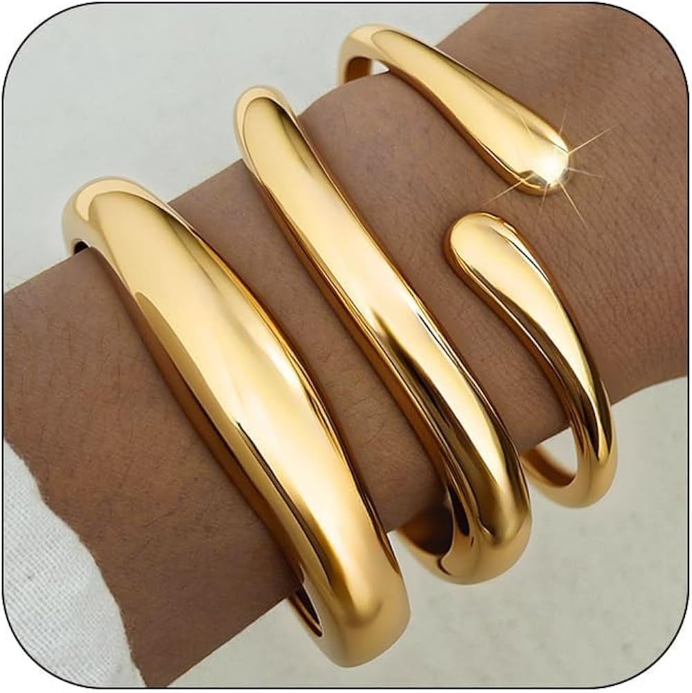 Chunky Gold Bangles for Women, 14k Gold Plated Twisted Hinged Stackable Bangle Bracelet Set, Tren... | Amazon (US)