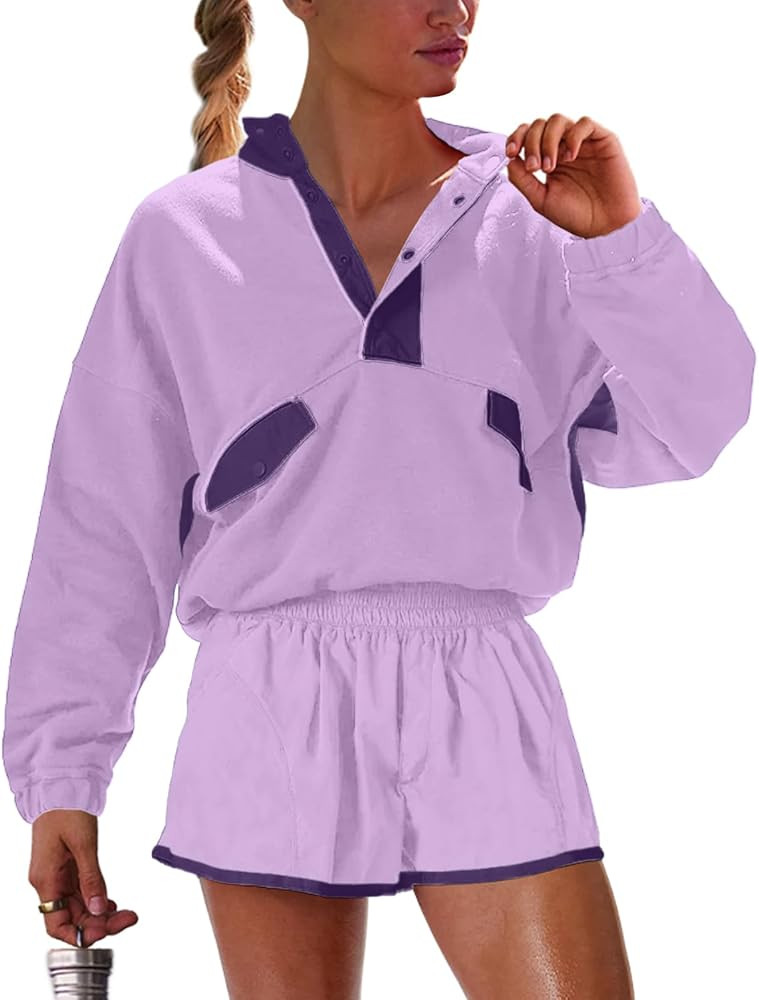 UNIANKIYA Womens Two Piece Matching Sets Long Sleeve Top Short Set with Pockets Casual Workout Lo... | Amazon (US)