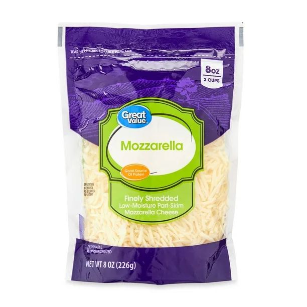 Great Value Finely Shredded Low-Moisture Part-Skim Mozzarella Cheese, 8 oz - Walmart.com | Walmart (US)