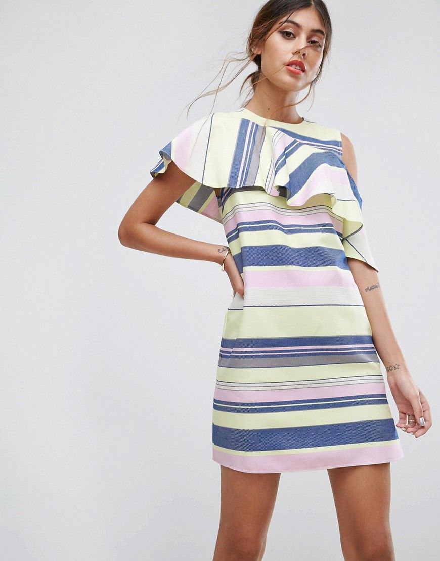 ASOS Sleeveless Ruffle Shift Dress In Natural Stripe - Multi | ASOS US