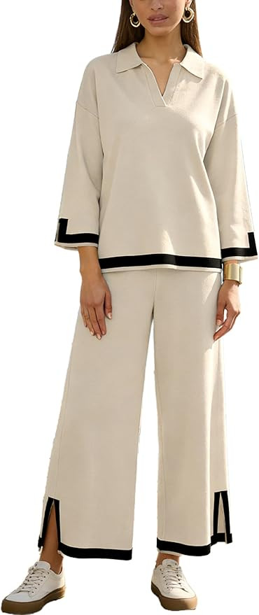 Tanming Womens 2 Piece Outfits 3/4 Sleeve Knit Sweater Top Wide Leg Pants Airport Travel Lounge S... | Amazon (US)
