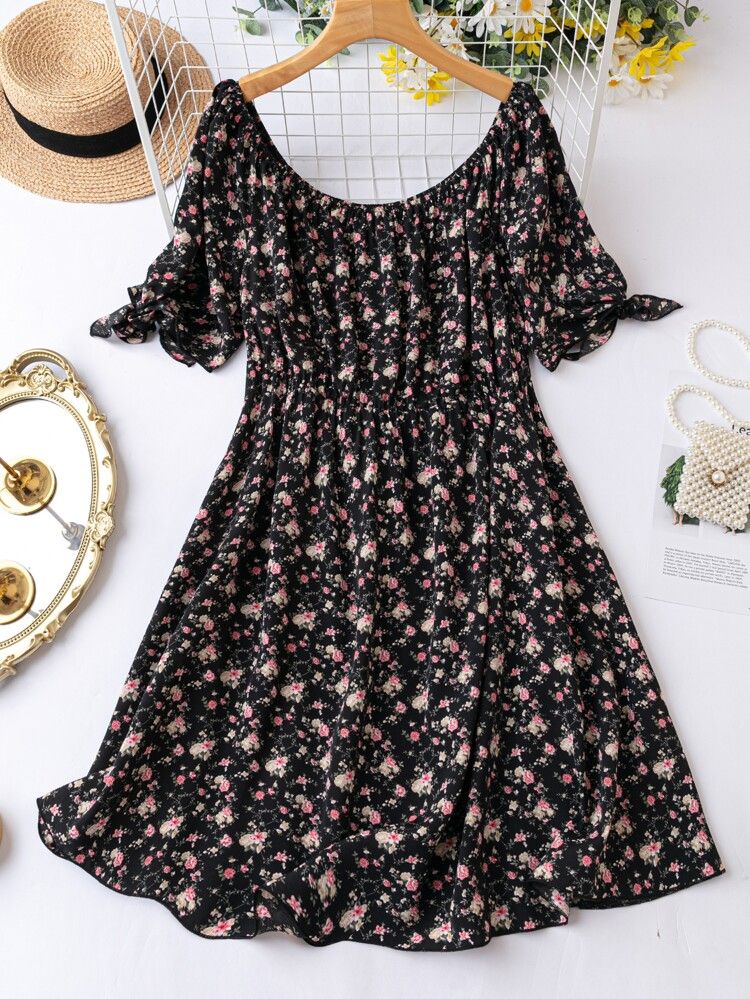 Plus All Over Floral Print Tie Cuff Dress | SHEIN