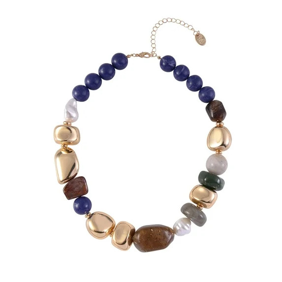 Time and Tru Women's Mixed Bead Wide Necklace, Blue, Brown and Gold-Tone | Walmart (US)