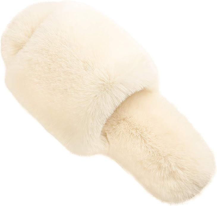 Women Fluffy Soft Plush Faux Bunny Fur Memory Foam Lightweight Warm House Slippers Open Toe Cute ... | Amazon (US)