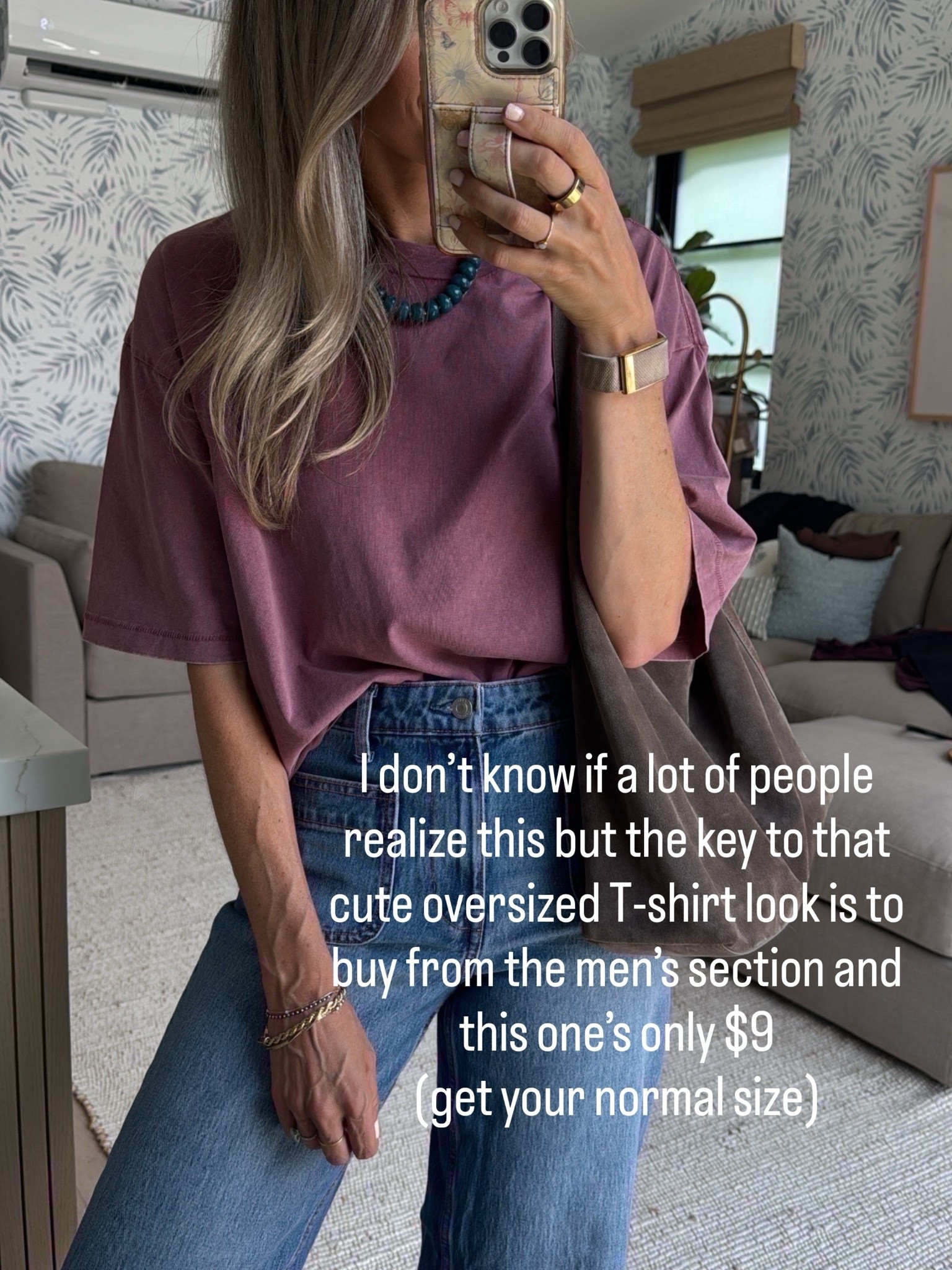The key to that perfect oversize T-shirt look is to shop the men’s section. This is a men’s teacher and I’m wearing my normal size small. I love it so much and it’s under $10. ￼