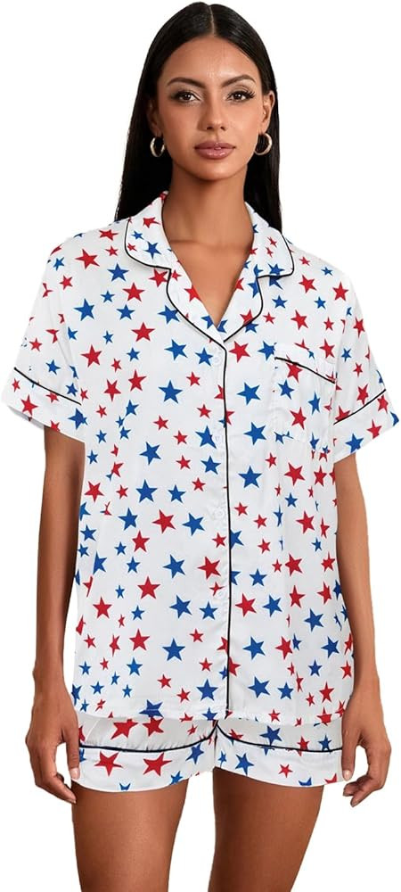 Women 4th of July Pajamas Set Pentagram Print Button Down Short Sleeve Tops with Shorts Summer Lo... | Amazon (US)