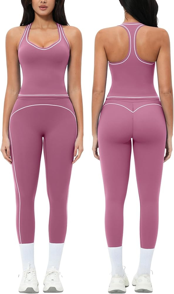 QBGJTD Womens Workout Set Two Piece Racerback Color Block Tank Top Matching High Waist Leggings G... | Amazon (US)