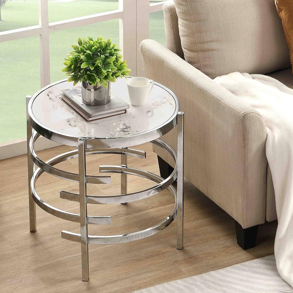 Round End Table Marble Stone Living Room Table Silver Modern Small Coffee Table Sofa Side Table, ... | Amazon (US)