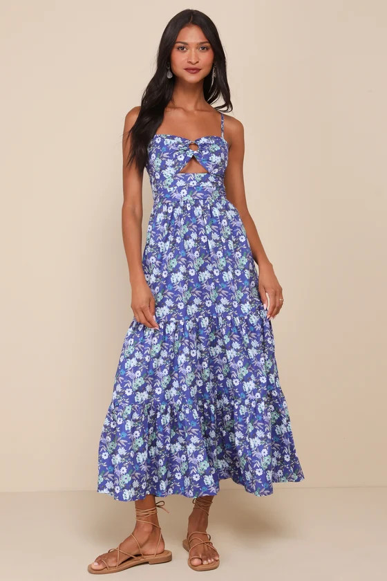 Summer Design Blue Floral Cutout O-Ring Tiered Maxi Dress | Lulus