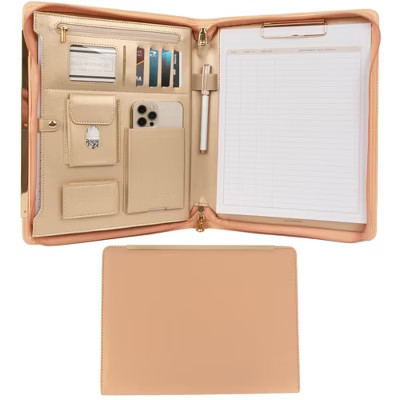 Blu Monaco Professional Padfolio for Women – Peach Beige Vegan Leather Zippered Portfolio with Gold Zipper, Organizer Pockets, and Notepad Holder | Target