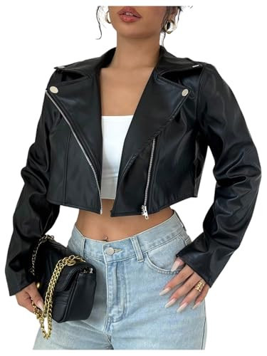 OYOANGLE Women's PU Leather Cropped Jacket Zip Up Motorcycle Jackets Coat Black Small | Amazon (US)