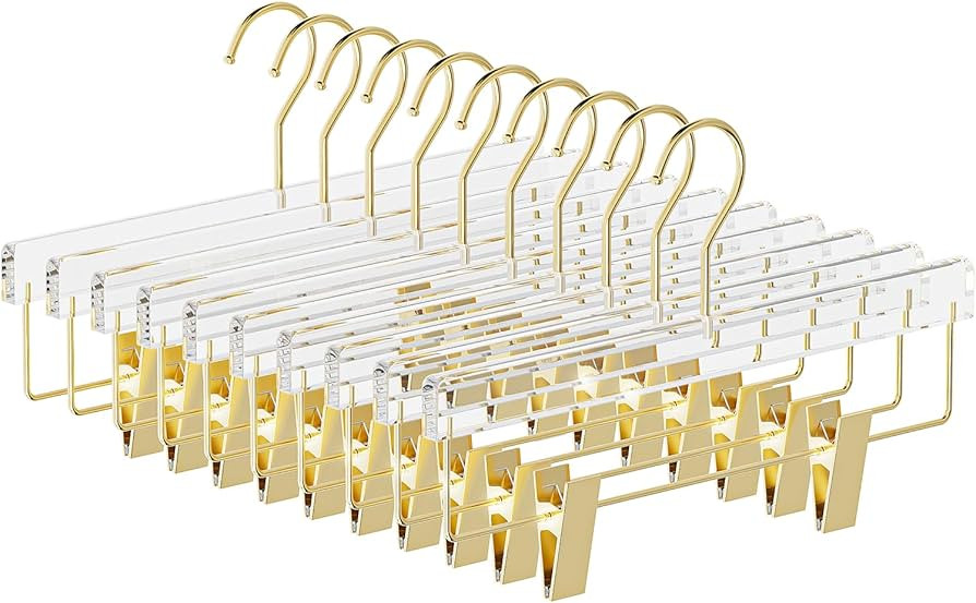10 Pack Gold Acrylic Hangers, Clear Pants Hangers with Adjustable Non-Slip Clips for Pants, Skirt... | Amazon (US)