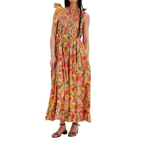 ABYOVRT Women Floral Maxi Dress Tie Shoulder Cutout Backless Boho Smocked Flowy Dresses Summer Fall Sundress | Amazon (US)