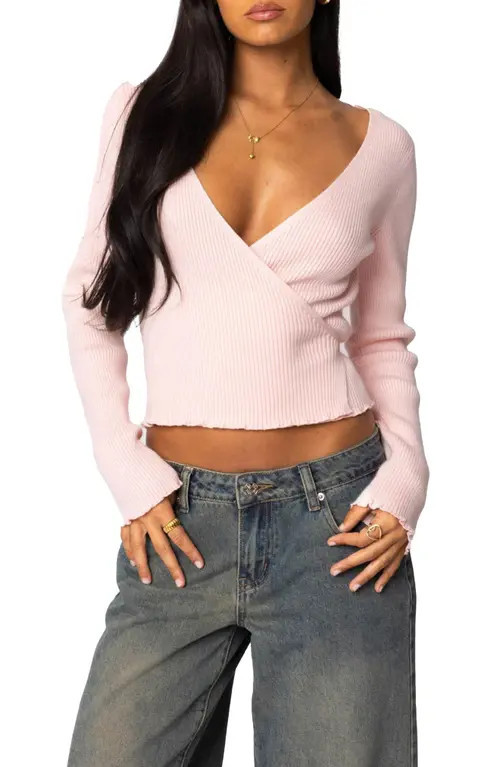 EDIKTED Paden Rib Knit Crop Wrap Top in Light-Pink at Nordstrom, Size X-Small | Nordstrom