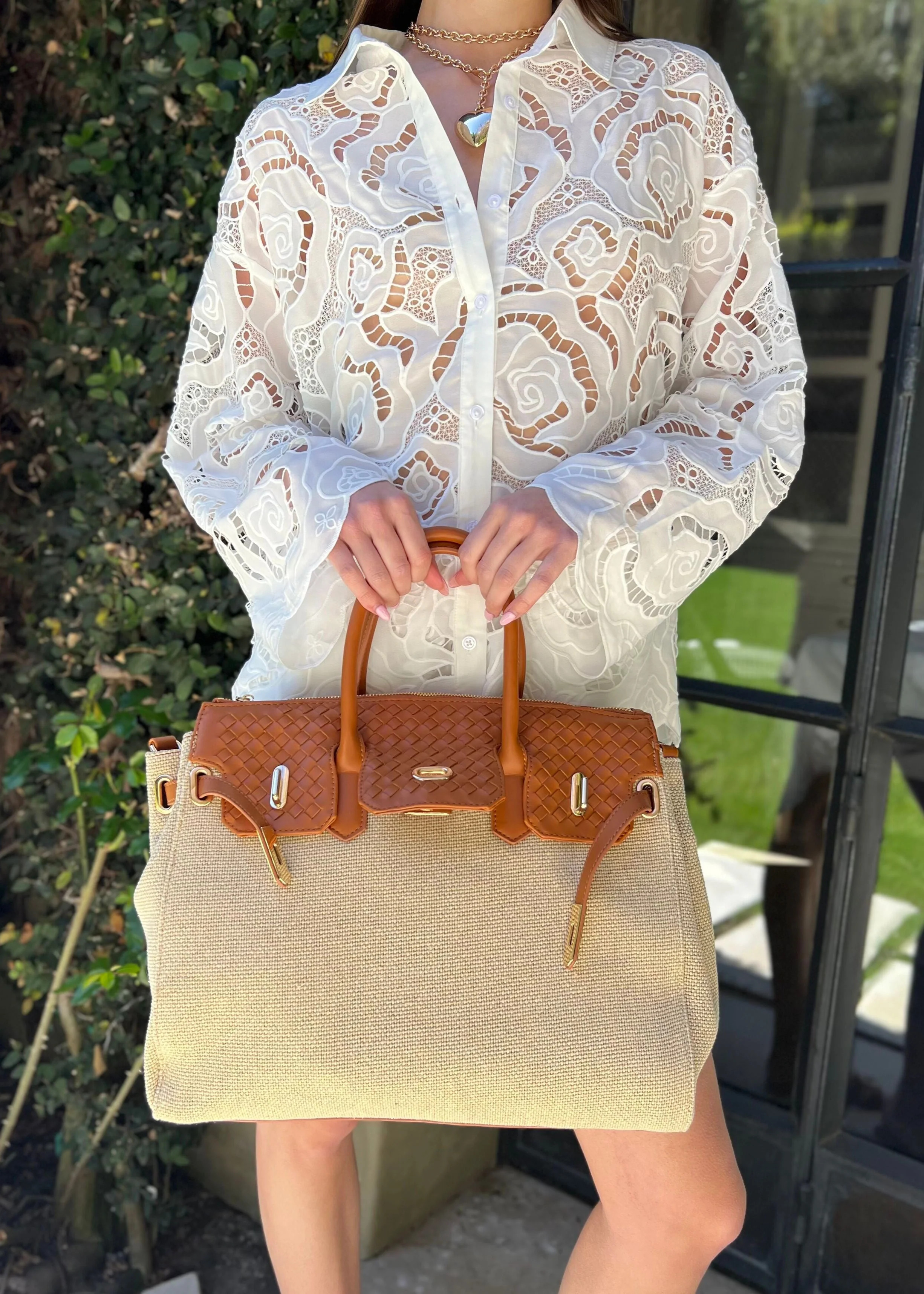 Nina Canvas Satchel Bag with Woven Handle Detail | Benaar La