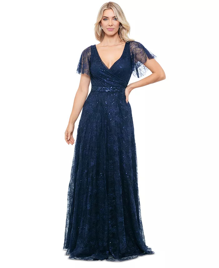 Betsy & Adam Women's V-Neck Short-Sleeve Sequined Lace Dress - Macy's | Macy's