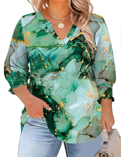 TFSDOD Green Tops for Women 3/4 Sleeve T Shirts Plus Size Business Casual Outfits for Women Spring Fashion V Neck Blouses Green Ink XXL | Amazon (US)