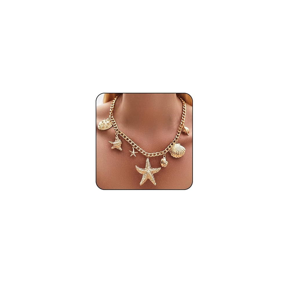 Seashell Necklaces for Women Big Starfish Shell Charm Chunky Gold Necklace Beach Jewelry for Wome... | Amazon (US)
