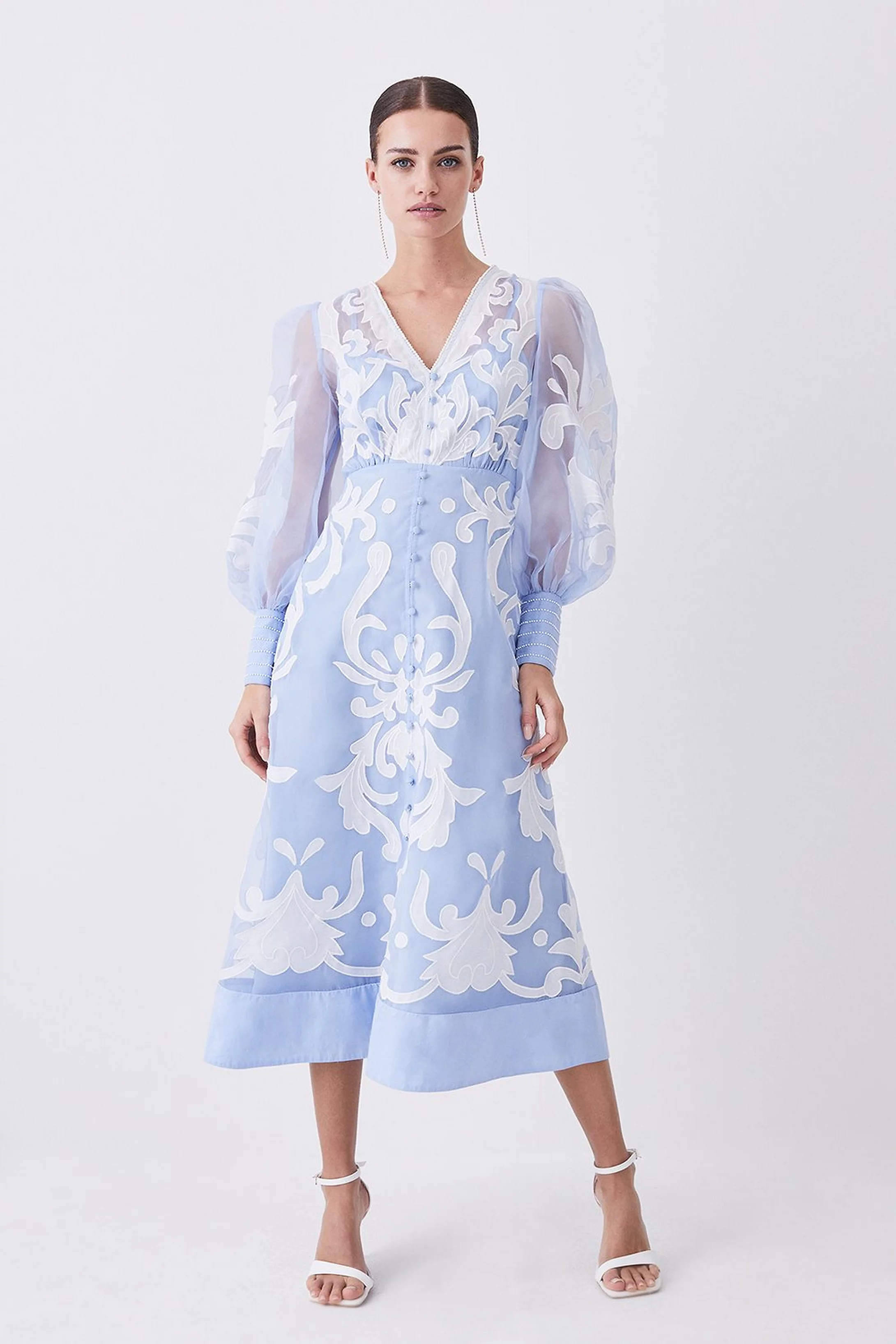 Petite Applique Organdie Buttoned Woven Maxi Dress | Karen Millen UK + IE + DE + NL