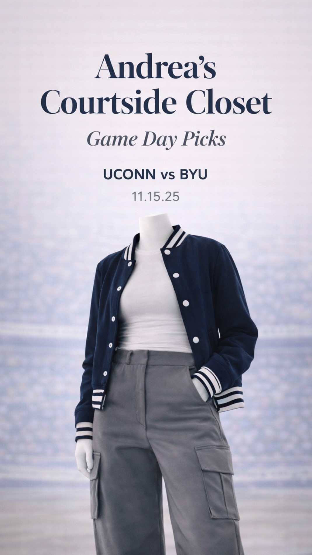 OOTG 11.15.25 Boston Courtside pick of the night 🏀✨ !
Everything linked.

Top : Target slim fit long sleeve in white 
Jacket : Uconn varsity jacket 
Pants : ALO wide leg cargo trousers in steel gray 
Sneaks : Jordan 1 low wolf grey 

#ltkootd #ltkgrwm #gamedayenergy #ltkstyle #gamedayfit #OOTG #andreascourtsidecloset #gamedaypicks #alo #nikejordan #target #boston 