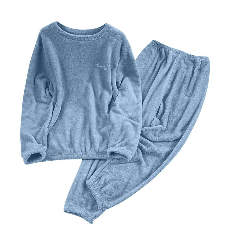 SYMOID Women's Blue Fuzzy Fleece Pajama Set - Long Sleeve Crew Neck Top & Elastic Waist Pants, Si... | Walmart (US)