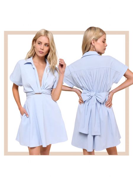 Light blue tie back spring summer mini dress with pockets 

#LTKworkwear #LTKparties #LTKfindsunder100