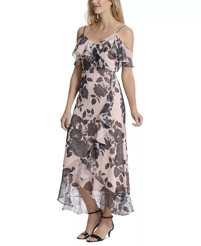Women's Floral Cold-Shoulder Ruffle Dress | Macy's