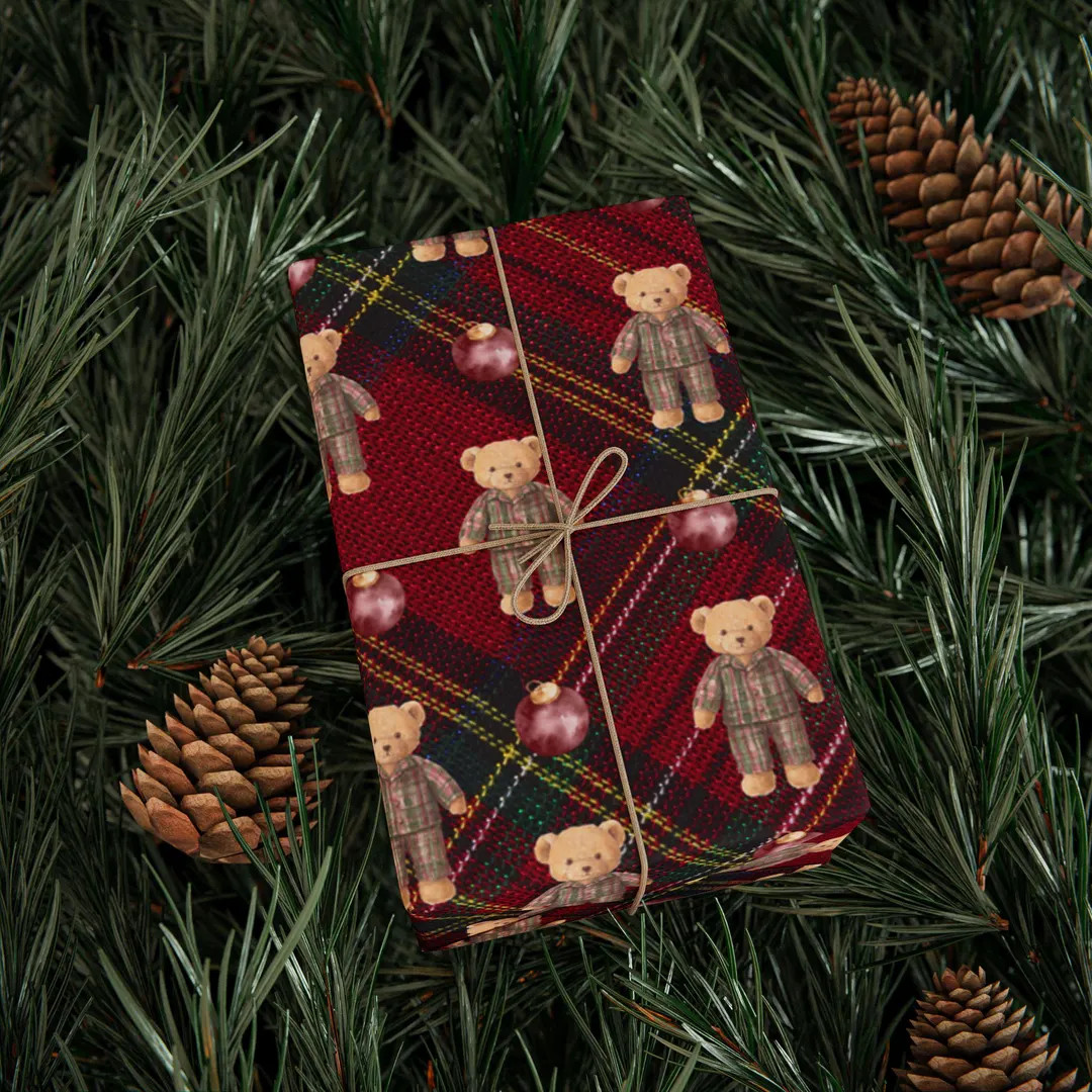 Plaid Teddy Bear Christmas Wrapping Paper, Tartan Red & Green Checkered Vintage Gift Wrap, Old Mo... | Etsy (US)