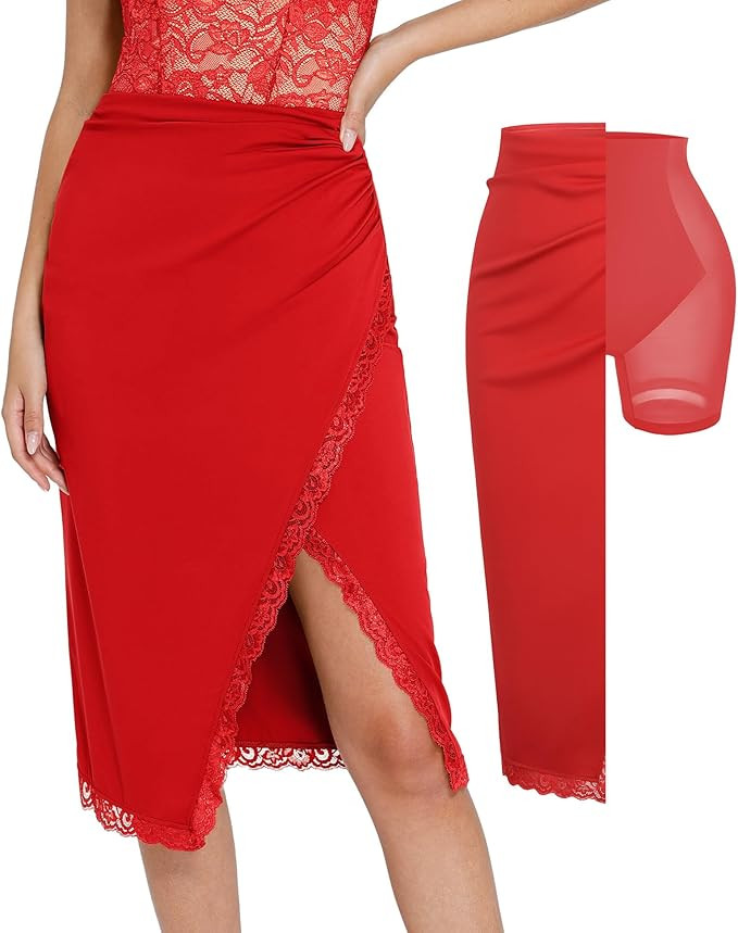 Popilush Midi Skirts for Women Lace Shapewear Split Satin High Waisted Bodycon Long Skirt Built-i... | Amazon (US)
