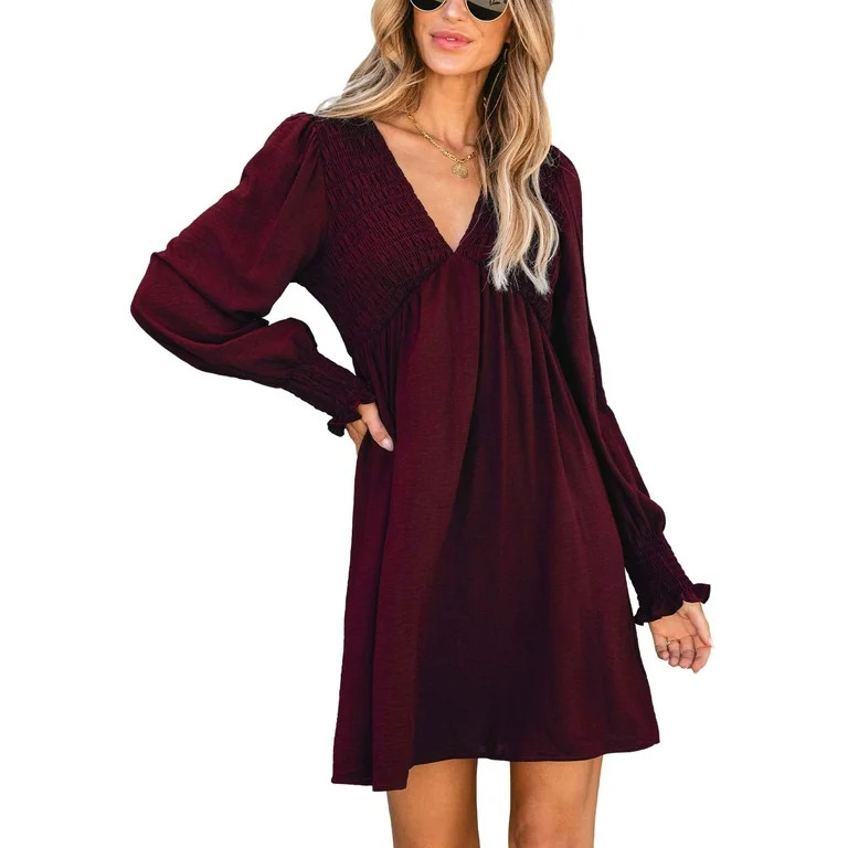 Cupshe Women's Maroon Dress Long Sleeve Smocked V-Neck Mini Length - Walmart.com | Walmart (US)