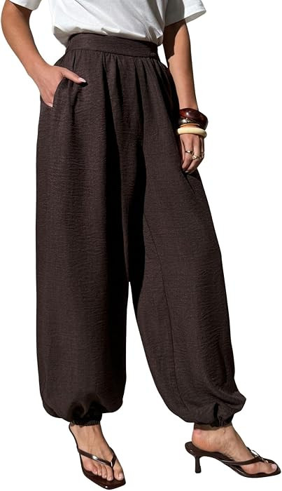 Verdusa Women's Balloon Pants with Pockets Elastic Waist Lantern Work Pant | Amazon (US)