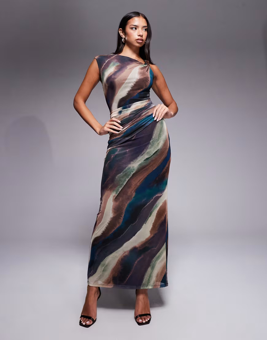 Forever New mesh knot front maxi dress in neutral abstract print-Multi | ASOS (Global)