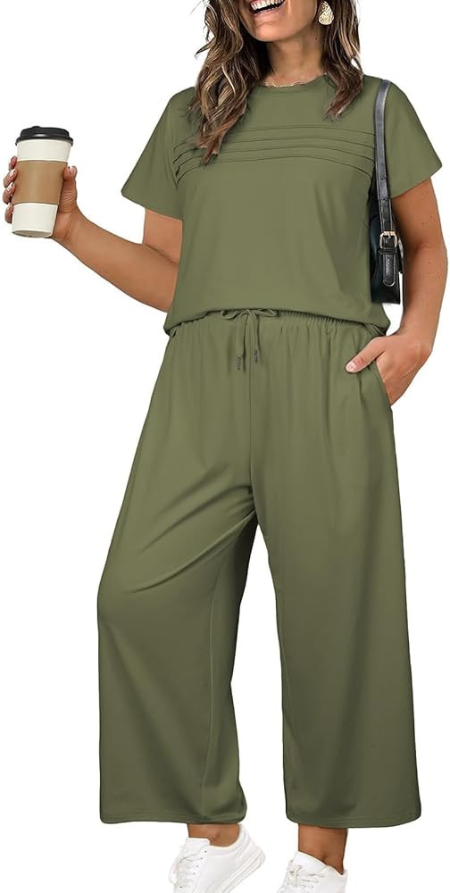 Eytino Plus Size Two Piece Sets for Women Casual Summer Outfits Short Sleeve Tops Wide Leg Pants ... | Amazon (US)