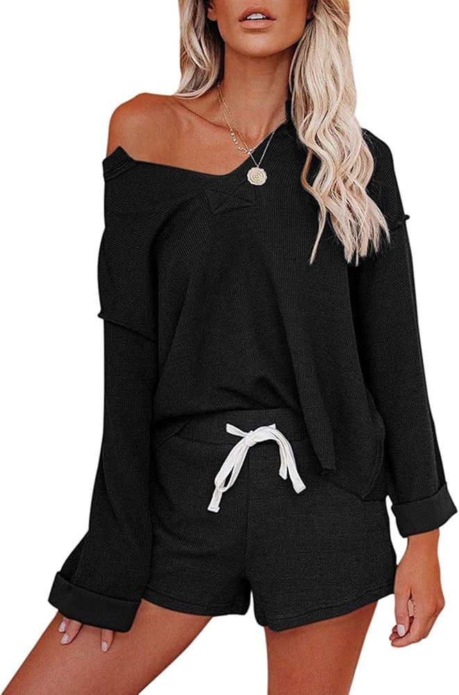 ZESICA Women's Waffle Knit Long Sleeve Top and Shorts Pullover Nightwear Lounge Pajama Set with P... | Amazon (US)