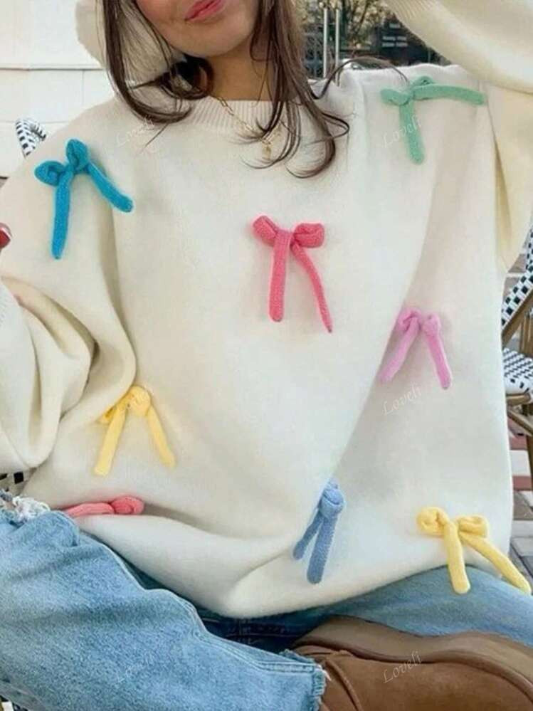 Women's Bright Colorful Front 3D Bow Tie Belt Knot Pattern Decoration Drop Shoulder Crew Neck Loo... | SHEIN