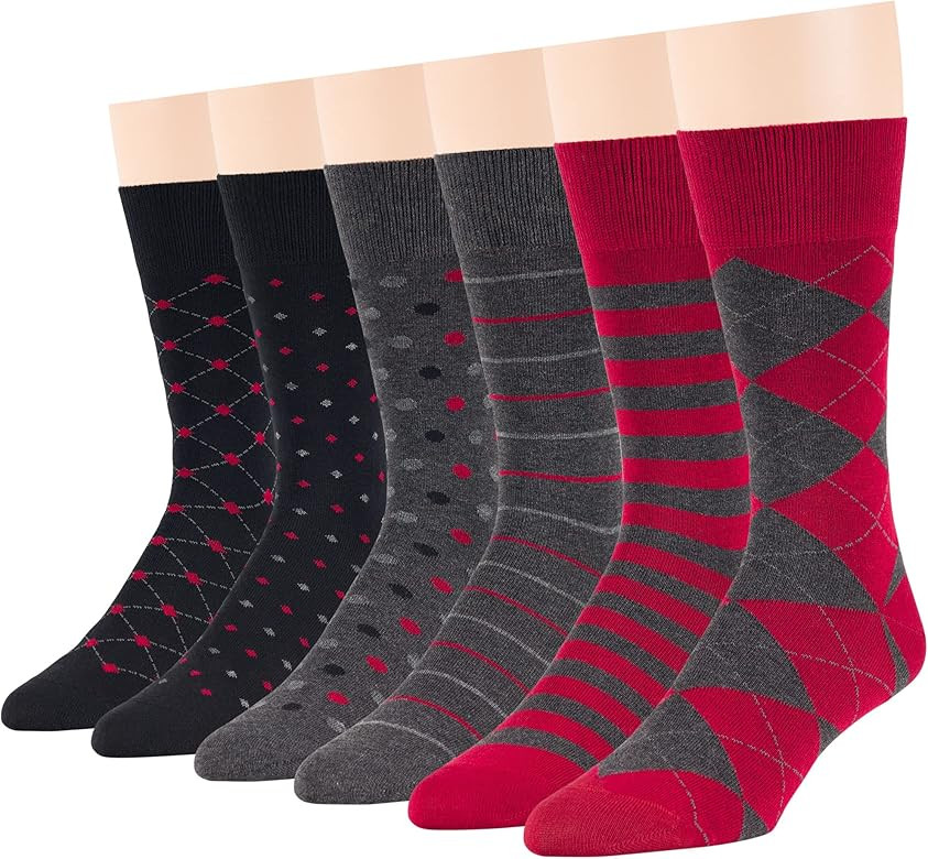 7Bigstars Men's Cotton Dress Crew Socks -6 pack-Argyle Stripes Dots-Large-Brown Blue Black Khaki ... | Amazon (US)