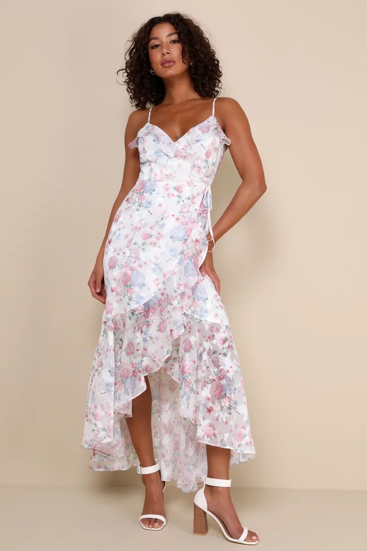Beautifully Blissful White Floral Print High-Low Wrap Maxi Dress | Lulus