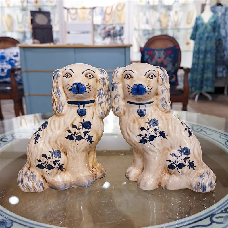 Staffordshire Reproduction Pair of Blue and White Floral Dogs Figurines-6''H | Etsy (US)