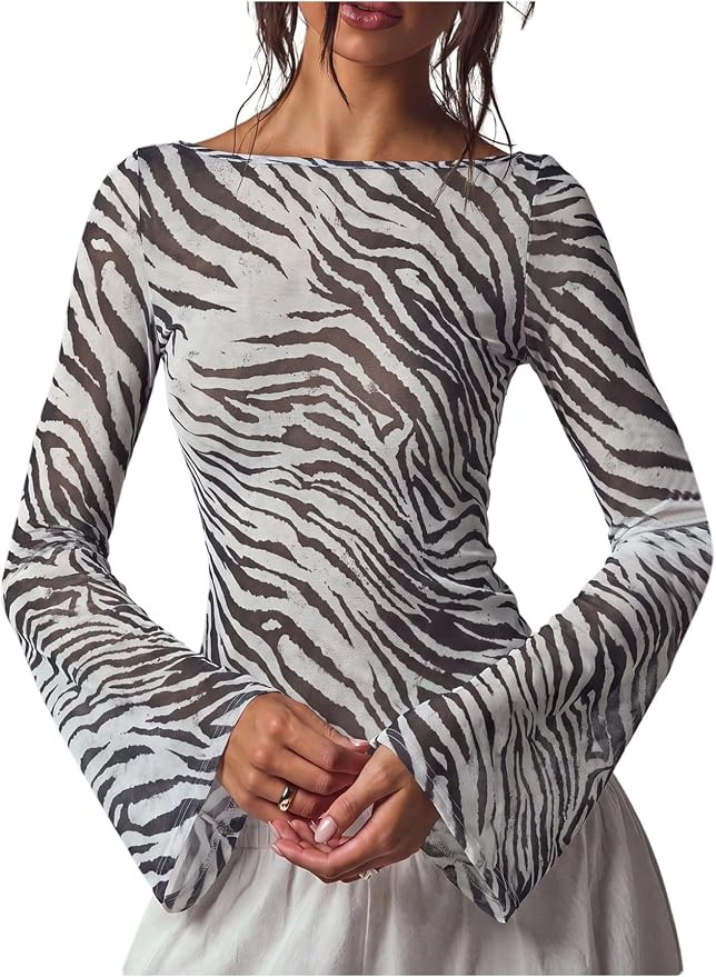 MakeMeChic Women's Y2k Sheer Mesh Top Zebra Striped Bell Sleeve Tops | Amazon (US)