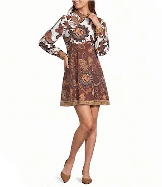 Ellery Paisley Mock Neck Long Sleeve Dress | Dillard's