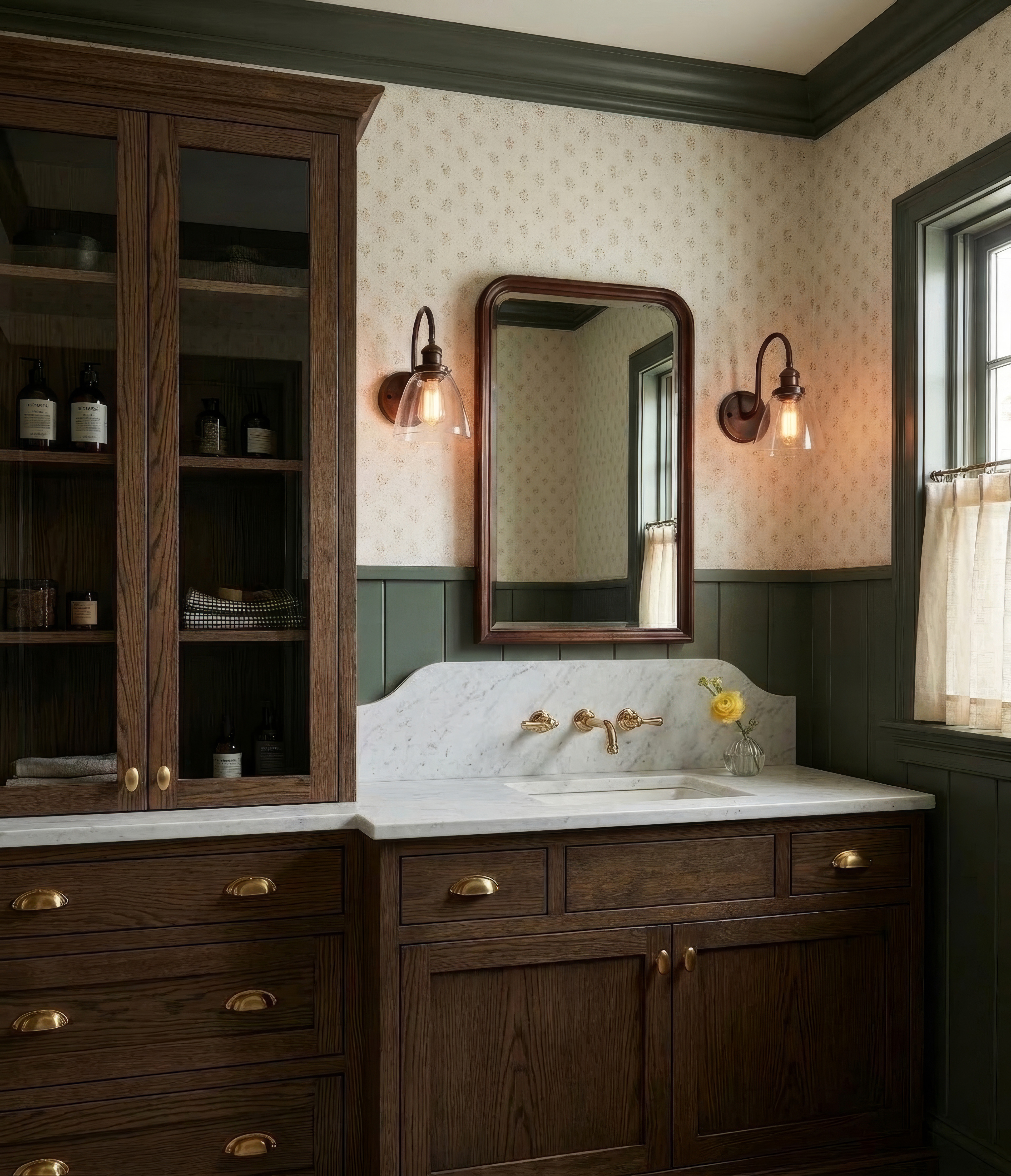 Moody tones, vintage charm, and all the little details that make a bathroom feel timeless ✨ 
#vintagebathroom #moodyinteriors #bathroomdesign #eurocottage #vintagehome #interiorinspo #bathroomdecor